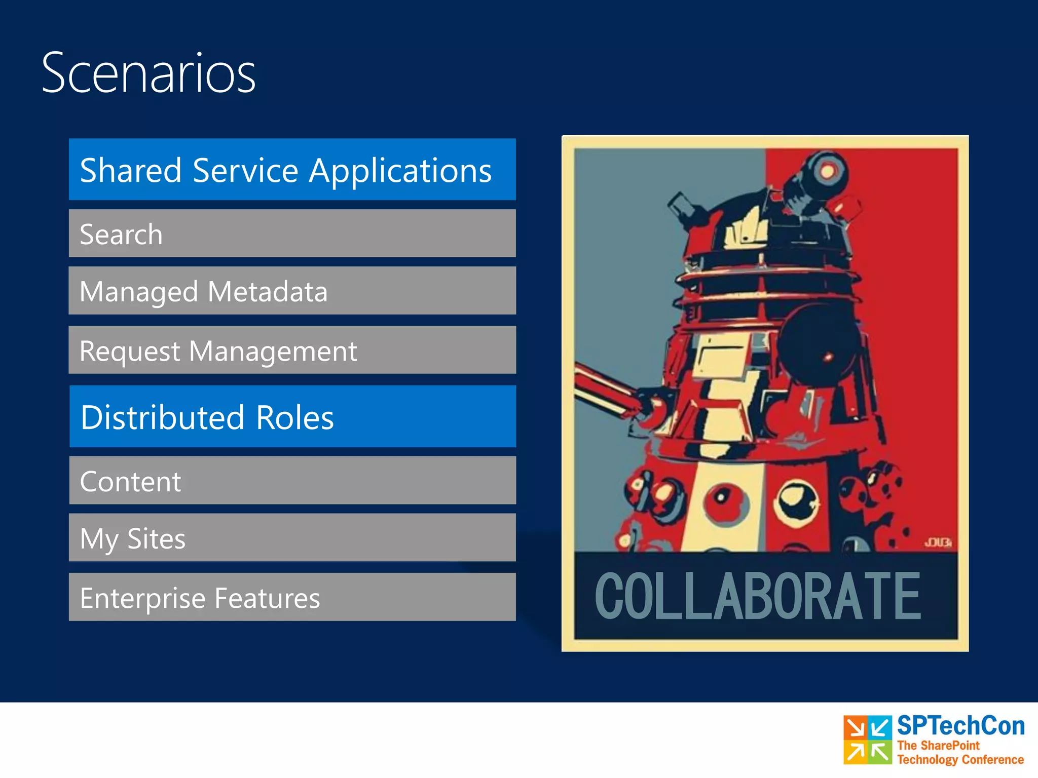 COLLABORATE
My Sites
Content
Distributed Roles
Enterprise Features
Managed Metadata
Search
Shared Service Applications
Request Management
 