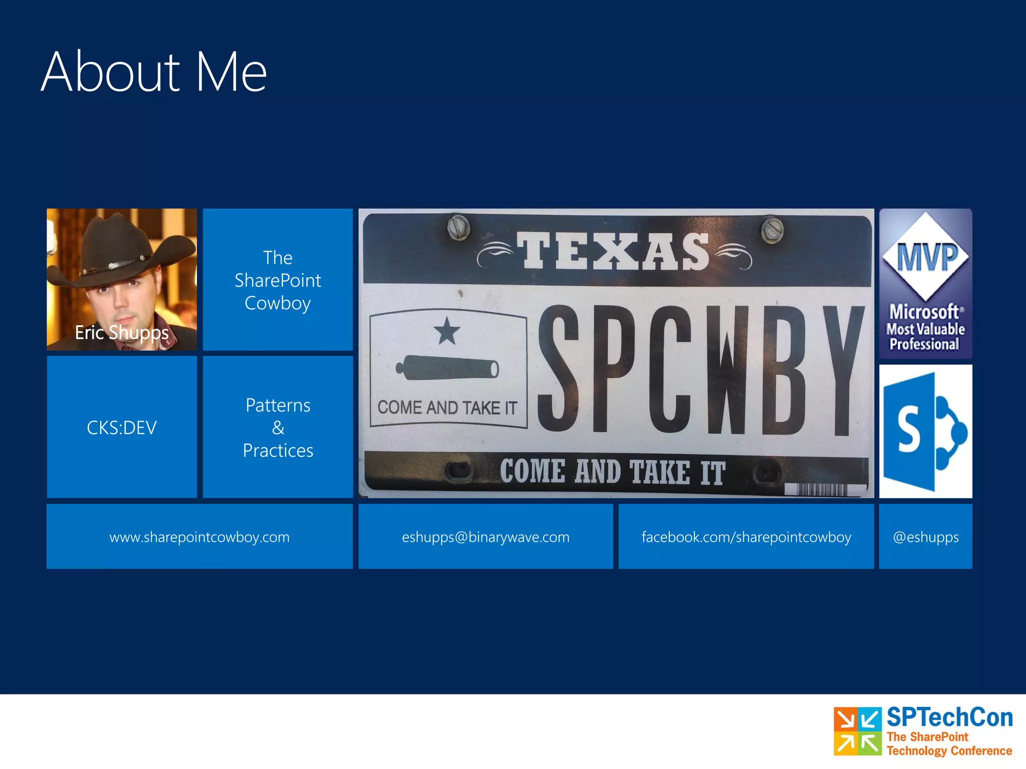 CKS:DEV
The
SharePoint
Cowboy
Patterns
&
Practices
Eric Shupps
www.sharepointcowboy.com eshupps@binarywave.com facebook.com/sharepointcowboy @eshupps
 