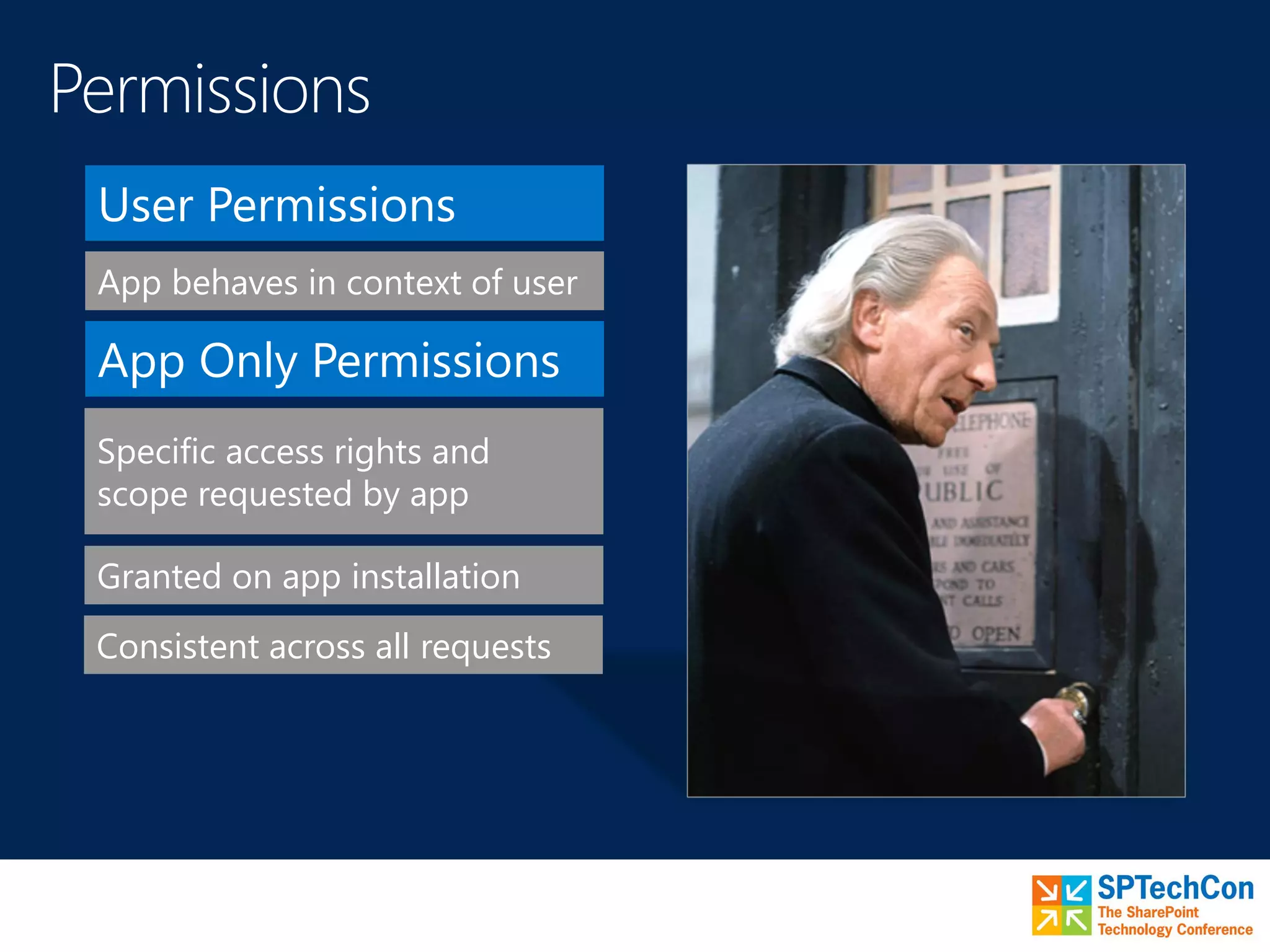 User Permissions
App behaves in context of user
Consistent across all requests
Specific access rights and
scope requested by app
App Only Permissions
Granted on app installation
 