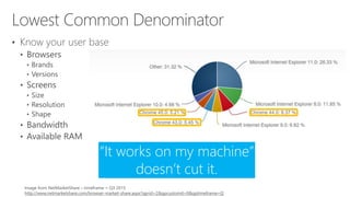 •
Image from NetMarketShare – timeframe = Q3 2015
http://www.netmarketshare.com/browser-market-share.aspx?qprid=2&qpcustomd=0&qptimeframe=Q
“It works on my machine”
doesn’t cut it.
 