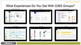 What Experiences Do You Get With O365 Groups?
CONVERSATIONS FILES
CALENDAR PEOPLE PLAN
NOTEBOOK
http://bit.ly/1LhPb60
 