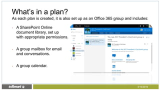 • A SharePoint Online
document library, set up
with appropriate permissions.
• A group mailbox for email
and conversations.
• A group calendar.
What’s in a plan?
4/14/2016
As each plan is created, it is also set up as an Office 365 group and includes:
 