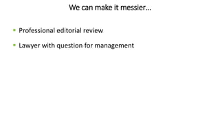 We can make it messier…
 Professional editorial review
 Lawyer with question for management
 