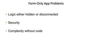 Form-Only App Problems
 Logic either hidden or disconnected
 Security
 Complexity without code
 