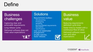 Business                      Solutions                        Business
                              Requirements toolbox :
challenges                      Storyboarding                  value
                                Prototyping
Capturing clear and             Modeling                       Reducing requirements
actionable requirements         Business/Market requirements   definition cycle time
                                documents
Long release cycles             Specifications
                                                               Faster time to market with a
Delivered software does not                                    continuous flow of value
                              User and stakeholder
meet value expectations       engagement                       Delivered software meets
                              Smaller batches,                 user and value
                              faster releases                  expectations
 