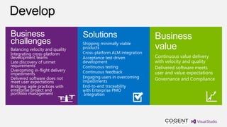 Business                         Solutions                        Business
challenges                       Shipping minimally viable
Balancing velocity and quality   products                         value
Integrating cross-platform       Cross-platform ALM integration
development teams                Acceptance test driven           Continuous value delivery
Late discovery of unmet          development                      with velocity and quality
requirements                     Continuous testing               Delivered software meets
Overcoming in-flight delivery    Continuous feedback
impediments                                                       user and value expectations
Delivered software does not      Engaging users in overcoming     Governance and Compliance
meet user expectations           impediments
Bridging agile practices with    End-to-end traceability
enterprise project and           with Enterprise PMO
portfolio management              Integration
 