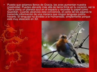 Puesto que estamos llenos de Gracia, las aves aumentan nuestra creatividad. Puedes elevarte más allá de tierra firme en tu corazón, ver la Tierra como un planeta azul en el espacio y recordar tu papel como Guardián. Cuando alcanzas esta conciencia, el canto de los pájaros te transmite información de una manera que ningún lenguaje podría hacerlo. El lenguaje ha dividido a la Humanidad, simplemente porque está muy atascado en 3D.  