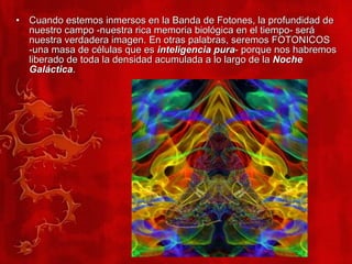 Cuando estemos inmersos en la Banda de Fotones, la profundidad de nuestro campo -nuestra rica memoria biológica en el tiempo- será nuestra verdadera imagen. En otras palabras, seremos FOTONICOS -una masa de células que es  inteligencia pura - porque nos habremos liberado de toda la densidad acumulada a lo largo de la  Noche Galáctica .  