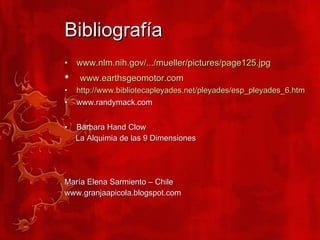 Bibliografía www.nlm.nih.gov/.../mueller/pictures/page125.jpg www.earthsgeomotor.com http://www.bibliotecapleyades.net/pleyades/esp_pleyades_6.htm www.randymack.com Barbara Hand Clow La Alquimia de las 9 Dimensiones María Elena Sarmiento – Chile www.granjaapicola.blogspot.com 