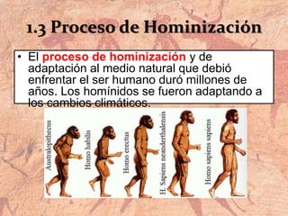 1.3 Proceso de Hominización
• El proceso de hominización y de
adaptación al medio natural que debió
enfrentar el ser humano duró millones de
años. Los homínidos se fueron adaptando a
los cambios climáticos.
 