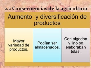2.2 Consecuencias de la agricultura
Aumento y diversificación de
productos
Mayor
variedad de
productos.
Podían ser
almacenados.
Con algodón
y lino se
elaboraban
telas.
 