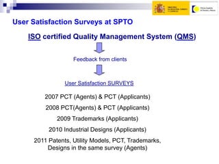 User Satisfaction Surveys at SPTO,[object Object],ISO certified Quality Management System (QMS),[object Object],Feedback from clients,[object Object],User Satisfaction SURVEYS,[object Object],2007 PCT (Agents) & PCT (Applicants),[object Object],2008 PCT(Agents) & PCT (Applicants),[object Object],2009 Trademarks (Applicants),[object Object],2010 Industrial Designs (Applicants),[object Object],2011 Patents, Utility Models, PCT, Trademarks, Designs in the same survey (Agents),[object Object]