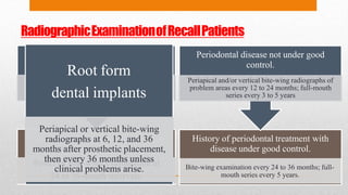 RadiographicExaminationofRecallPatients
Clinical caries and no high-risk factors
for caries.
Posterior bite-wing examination at
24 to 36-month intervals.
Clinical caries or high-risk
factors for caries
Posterior bite-wing examination at
12 to 18-month intervals.
History of periodontal treatment with
disease under good control.
Bite-wing examination every 24 to 36 months; full-
mouth series every 5 years.
Periodontal disease not under good
control.
Periapical and/or vertical bite-wing radiographs of
problem areas every 12 to 24 months; full-mouth
series every 3 to 5 years
Root form
dental implants
Periapical or vertical bite-wing
radiographs at 6, 12, and 36
months after prosthetic placement,
then every 36 months unless
clinical problems arise.
 