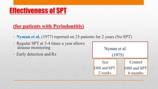 Effectiveness of SPT
(for patients with Periodontitis)
• Nyman et al. (1977) reported on 25 patients for 2 years (No SPT)
• Regular SPT at 3-4 times a year allows
disease monitoring
• Early detection and Rx
Nyman et al.
(1975)
Test
OHI and SPT
2 weeks
Control
OHI and SPT
6 months
 