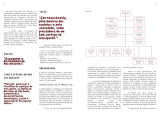 32                                                                                                                                                                                                                        33



A São Paulo Transporte S.A. (SPTrans) é a
gerenciadora do sistema de transporte público sobre
                                                      VISÃO
                                                      VISÃO                                                Figura 4.1                                               Diretoria da
                                                                                                                                                                    Presidência
rodas de São Paulo. Foi criada em 1995, após uma                                                                                                                         DP
reestruturação da Companhia Municipal de
Transportes Coletivos (CMTC), que encerrou suas
                                                      "Ser reconhecida,                                                                    Gerência Geral
                                                                                                                                              Jurídica
                                                                                                                                                                                             Chefia de
                                                                                                                                                                                            Gabinete da
atividades operacionais pela privatização de toda a
operação, ficando a empresa voltada somente à
                                                      pela maioria dos                                                                        DP/GJU
                                                                                                                                                                                            Presidência
                                                                                                                                                                                              DP/GAB

gestão do sistema. É dividida em 4 sedes: Barão,      usuários e pela                                                                     Gerência de Unid.
                                                                                                                                                                                             Assessoria
Bela Vista, Pari e 15 de Novembro.                                                                                                          de Adm. de RH
                                                      sociedade, como                                                                          DP/ARH
                                                                                                                                                                                              Técnica
                                                                                                                                                                                              DP/AST
       A SPTrans detém o monopólio do
gerenciamento desse serviço público. É uma
                                                      prestadora de um                                                                    Gerência de Unid.                                Assessoria de
empresa de economia mista, em que 99,9% das
ações são do poder público, e tem sob sua
                                                      bom serviço de                                                                      de Desenvolv. de
                                                                                                                                            RH - DP/ADH
                                                                                                                                                                                             Marketing
                                                                                                                                                                                              DP/MKT

responsabilidade 25 terminais de ônibus e 14.657      transporte."                                                                                                                         Assessoria de
veículos. Ela administra o sistema, delegando a                                                                                                                                             Com. Social
operação para empresas e cooperativas que                                                                                                                                                     DP/ACS
provêem o serviço de ônibus.                                 Para isso, a SPTrans adota como política da
                                                      qualidade atingir os objetivos abaixo.

                                                      - Exercer com excelência o gerenciamento dos            Diretoria         Diretoria de          Diretoria          Diretoria de
                                                                                                             Operacional        Engenharia e        Financeira e          Relações
                                                      serviços de transporte público de passageiros,
MISSÃO
MISSÃO                                                propiciando transporte seguro e ordenado ao
                                                                                                                 DO                Obras
                                                                                                                                     DE
                                                                                                                                                   Administrativa
                                                                                                                                                         DF
                                                                                                                                                                          Internas
                                                                                                                                                                              DR
                                                      usuário.
"Assegurar o                                          - Preservar o meio ambiente.
                                                      - Favorecer a harmonia na cidade.
                                                                                                                                                                                        Diretoria Adjunta
                                                                                                                                                                                        de Tecnologia e
                                                                                                                                                                                                            Diretoria Adjunta
                                                                                                                                                                                                               de Projetos
deslocamento                                          - Desenvolver equipe de funcionários e parceiros.
                                                                                                                                                                                             Receita            Especiais

das pessoas".                                                                                                                                                                                DP/DTR              DP/DPE



                                                      ORGANOGRAMA
                                                      ORGANOGRAMA                                             Marketing são basicamente comunicação social
                                                                                                              (marketing institucional e de relacionamento) e
                                                                                                                                                                     terminais de ônibus) e eventos.

                                                                                                              Criação (arte, produção gráfica e multimídia). Mais            Dentre as peças desenvolvidas pelo
                                                      A SPTrans é vinculada à Prefeitura e, dessa forma,
                                                                                                              recentemente, em junho de 2005, incorporou a           Departamento de Marketing a de maior destaque é
COMO A SPTRANS DEFINE
COMO A SPTRANS DEFINE                                 possui um departamento e uma secretaria que a
                                                                                                              ação de comercialização dos espaços nos terminais      o Jornal do Ônibus, uma publicação semanal em
                                                      ajudam a conduzir seu trabalho. Conta, ainda, com
SEU NEGÓCIO
SEU NEGÓCIO                                           o apoio de outros departamentos de transporte,
                                                                                                              e a gestão de publicidade em ônibus do sistema.        forma de cartaz, para divulgação institucional e de
                                                                                                                                                                     serviços relacionados ao transporte coletivo. Esse
                                                      como a CET, por exemplo.
                                                                                                                      A missão do Departamento de Marketing é        veículo atende também a diversos órgãos da
                                                                                                              consolidar a imagem da SPTrans, divulgando os          Prefeitura na divulgação de suas campanhas.
"Planejar, gerenciar e                                O Departamento de Marketing                             projetos e serviços para os públicos interno e         Atualmente são produzidos 17 mil exemplares para
fiscalizar os serviços de                                                                                     externo e garantindo informação à população            afixação em toda a frota, terminais de ônibus,
transporte, no âmbito do                              O Departamento de Marketing está diretamente            sobre o funcionamento, utilização, deveres e           bibliotecas e prédios da administração municipal.
                                                      ligado à Diretoria da Presidência e atende às           direitos no transporte coletivo municipal. Fica,
Município de São Paulo,                               solicitações de diversas áreas da empresa para          então, sob sua responsabilidade a divulgação de                 O número zero desse veículo de
promovendo o                                          campanhas de orientação e informação ao usuário         ações que interferem diretamente no dia-a-dia dos      comunicação foi produzido em maio de 1989. Em
desenvolvimento                                       do sistema. Vale registrar que o Departamento de        usuários do sistema e da população. Nesses             17 anos de publicação, o Jornal do Ônibus sofreu
tecnológico, social e                                 Marketing é bastante novo e foi oficializado em 20      procedimentos, são utilizados os recursos de           algumas mudanças editoriais, mas o conceito nunca
                                                      de outubro de 2003. Até essa data, a atividade era      banners,        folhetos,       faixas,       site     foi alterado. São matérias institucionais, campanhas
ambiental do Transporte                               mais uma das atribuições da Assessoria de Imprensa      (www.sptrans.com.br),        reuniões com a            de cidadania, prestação de serviços do setor de
Público."                                             e Comunicação Social da SPTrans.                        comunidade, discussões técnicas, fóruns,               transporte coletivo e de outros órgãos da Prefeitura.
                                                                                                              comunicação por intermédio dos Painéis de
                                                             As áreas de atuação do Departamento de           Mensagens Variáveis (instalados em corredores e                O Departamento de Marketing também é
 