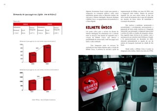 42                                                                                                                                                                                               43



                                                                                         Algumas ferramentas foram criadas para garantir a      implementação do bilhete, em maio de 2004, com
                                                                                         integração no transporte público, tanto entre          a integração entre ônibus. Depois foi possível
     Demanda de passageiros (qtde. em milhões)
     Demanda de passageiros (qtde. em milhões)                                           subsistemas quanto entre os diferentes modais, tão     expandir seu uso para outros meios, já que um
                                                                                         vital para o Sistema Interligado. Merecem destaque     único modo de transporte não é capaz de responder
                                                                                         o Bilhete Único, os equipamentos de transferência e    aos desafios do baixo índice de mobilidade e
     Tabela 4.2                                                                          o Passa-Rápido.                                        circulação das pessoas.

                         2004
                         2004                                    2005
                                                                 2005
                                                                                                                                                         Para resolver o problema, aumentando a
     Subsistema                  Sistema
                                 Integrado
                                               Subsistema                    Sistema
                                                                             Integrado
                                                                                         BILHETE ÚNICO                                          acessibilidade e privilegiando principalmente a
                                                                                                                                                população de baixa renda, realizou-se a integração
     Estrutural     Local                      Estrutural     Local
                                                                                         Um ponto crítico para o sucesso da divisão do          intermodal, que pressupõe a integração operacional
     1.134,9        542,6        1.677,5       1.542,6        964,5          2.507,1     Sistema Interligado em subsistemas era a conexão       e tarifária de todos os modos de transporte urbano.
                                                                                         entre os serviços. Esse desafio foi superado com a     Essa segunda etapa iniciou-se em outubro, com a
                                                                                         criação do Bilhete Único, que oferece a                assinatura de um convênio entre Prefeitura e Estado,
                                                                                         possibilidade de acessar toda a rede sem pagar nova    e foi operacionalizada em dezembro de 2005,
                  Demanda de passageiros do subsistema local (em milhões)                tarifa a cada condução.                                alterando profundamente as opções de uso do
                                                                                                                                                sistema de transporte municipal na cidade de São
                  1000                                                                                                                          Paulo.
                                                                                                 Essa integração entre os serviços foi
                   800                                        964,5                      realizada em duas etapas distintas após a criação do
                                             44%
                                                                                         Bilhete Único. A primeira foi iniciada a partir da             Desde então, o Bilhete Único é aceito na
                                                                                                                                                integração entre ônibus, Metrô e/ou trens da CPTM,
                   600

                   400             542,6
                   200

                     0
                                   2004                       2005


                  Demanda de passageiros do subsistema estrutural (em milhões)

                  2000

                  1500                        26%

                                                             1542,6
                  1000
                                  1134,9
                   500

                     0
                                  2004                        2005




                                     Fonte: SPTrans - Área de Estudos Econômicos
 