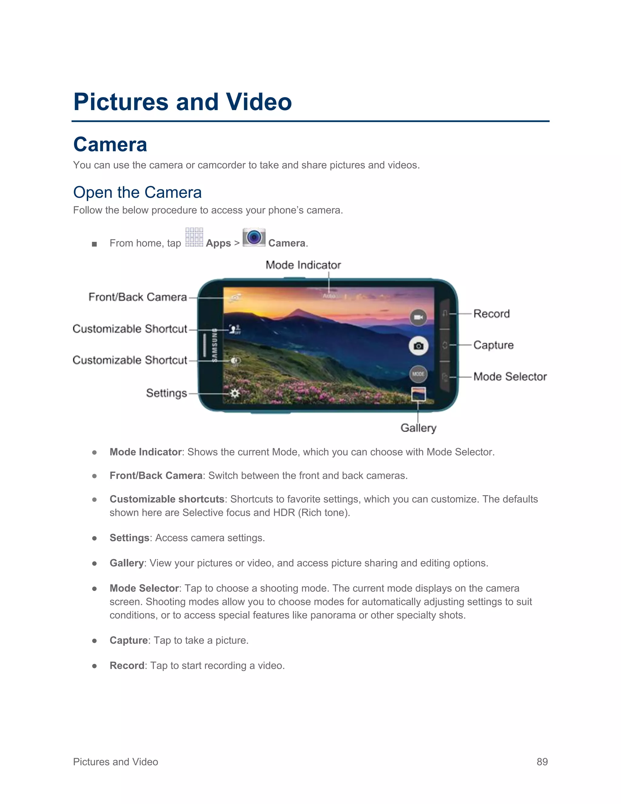 Pictures and Video 89
Pictures and Video
Camera
You can use the camera or camcorder to take and share pictures and videos.
Open the Camera
Follow the below procedure to access your phone’s camera.
■ From home, tap Apps > Camera.
● Mode Indicator: Shows the current Mode, which you can choose with Mode Selector.
● Front/Back Camera: Switch between the front and back cameras.
● Customizable shortcuts: Shortcuts to favorite settings, which you can customize. The defaults
shown here are Selective focus and HDR (Rich tone).
● Settings: Access camera settings.
● Gallery: View your pictures or video, and access picture sharing and editing options.
● Mode Selector: Tap to choose a shooting mode. The current mode displays on the camera
screen. Shooting modes allow you to choose modes for automatically adjusting settings to suit
conditions, or to access special features like panorama or other specialty shots.
● Capture: Tap to take a picture.
● Record: Tap to start recording a video.
 