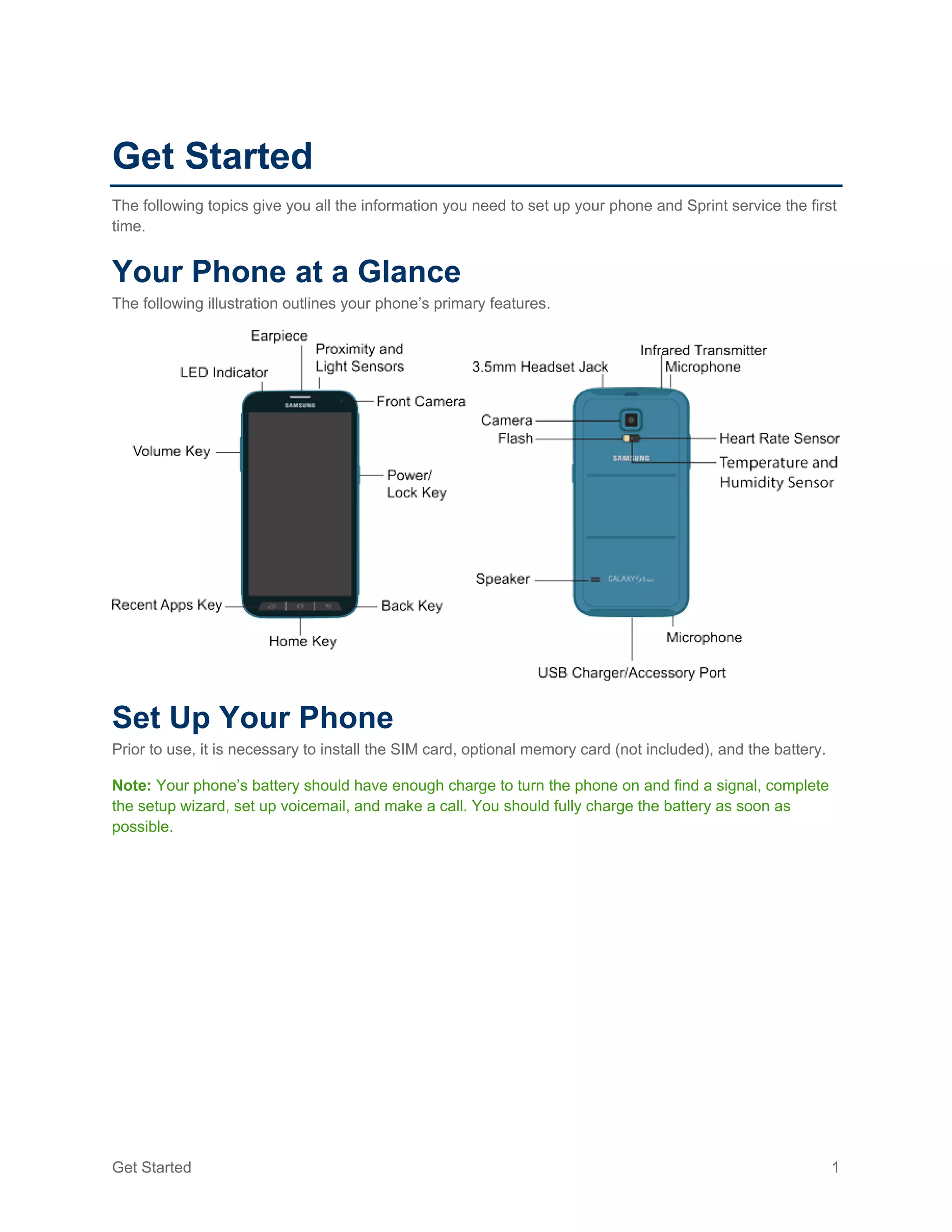 Get Started 1
Get Started
The following topics give you all the information you need to set up your phone and Sprint service the first
time.
Your Phone at a Glance
The following illustration outlines your phone’s primary features.
Set Up Your Phone
Prior to use, it is necessary to install the SIM card, optional memory card (not included), and the battery.
Note: Your phone’s battery should have enough charge to turn the phone on and find a signal, complete
the setup wizard, set up voicemail, and make a call. You should fully charge the battery as soon as
possible.
 
