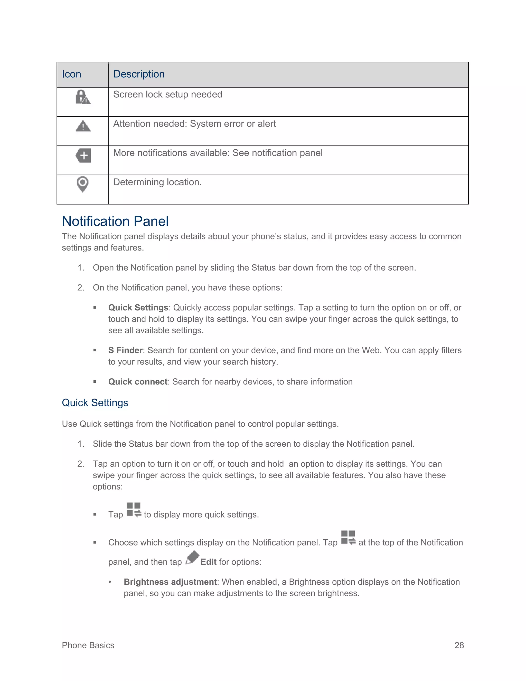 Phone Basics 28
Icon Description
Screen lock setup needed
Attention needed: System error or alert
More notifications available: See notification panel
Determining location.
Notification Panel
The Notification panel displays details about your phone’s status, and it provides easy access to common
settings and features.
1. Open the Notification panel by sliding the Status bar down from the top of the screen.
2. On the Notification panel, you have these options:
 Quick Settings: Quickly access popular settings. Tap a setting to turn the option on or off, or
touch and hold to display its settings. You can swipe your finger across the quick settings, to
see all available settings.
 S Finder: Search for content on your device, and find more on the Web. You can apply filters
to your results, and view your search history.
 Quick connect: Search for nearby devices, to share information
Quick Settings
Use Quick settings from the Notification panel to control popular settings.
1. Slide the Status bar down from the top of the screen to display the Notification panel.
2. Tap an option to turn it on or off, or touch and hold an option to display its settings. You can
swipe your finger across the quick settings, to see all available features. You also have these
options:
 Tap to display more quick settings.
 Choose which settings display on the Notification panel. Tap at the top of the Notification
panel, and then tap Edit for options:
• Brightness adjustment: When enabled, a Brightness option displays on the Notification
panel, so you can make adjustments to the screen brightness.
 
