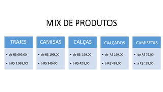 TRAJES
• de R$ 699,00
• à R$ 1.999,00
CAMISAS
• de R$ 199,00
• à R$ 349,00
CALÇAS
• de R$ 199,00
• à R$ 439,00
CALÇADOS
• de R$ 199,00
• à R$ 499,00
CAMISETAS
• de R$ 79,00
• à R$ 139,00
MIX DE PRODUTOS
 