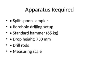 Apparatus Required
• • Split spoon sampler
• • Borehole drilling setup
• • Standard hammer (65 kg)
• • Drop height: 750 mm
• • Drill rods
• • Measuring scale
 