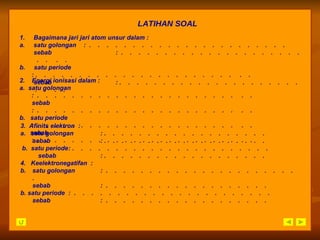 LATIHAN SOAL 1.  Bagaimana jari jari atom unsur dalam : a.  satu golongan :  .  .  .  .  .  .  .  .  .  .  .  .  .  .  .  .  .  .  .  .  .  .  .  sebab :  .  .  .  .  .  .  .  .  .  .  .  .  .  .  .  .  .  .  .  .  .  .  .  .  .  b.  satu periode : .  .  .  .  .  .  .  .  .  .  .  .  .  .  .  .  .  .  .  .  .  .  .  .  .  sebab : .  .  .  .  .  .  .  .  .  .  .  .  .  .  .  .  .  .  .  .  .  .  .  .  .  2.  Energi ionisasi dalam : a.  satu golongan :  .  .  .  .  .  .  .  .  .  .  .  .  .  .  .  .  .  .  .  .  .  .  .  .  .  sebab :  .  .  .  .  .  .  .  .  .  .  .  .  .  .  .  .  .  .  .  .  .  .  .  .  .  b.  satu periode :  .  .  .  .  .  .  .  .  .  .  .  .  .  .  .  .  .  .  .  .  .  .  .  .  .  sebab :  .  .  .  .  .  .  .  .  .  .  .  .  .  .  .  .  .  .  .  .  .  .  .  .  .  3.  Afinits elektron  : a.  satu golongan : .  .  .  .  .  .  .  .  .  .  .  .  .  .  .  .  .  .  .  sebab : .  .  .  .  .  .  .  .  .  .  .  .  .  .  .  .  .  .  .  b.  satu periode : .  .  .  .  .  .  .  .  .  .  .  .  .  .  .  .  .  .  .  .  .  .  .    sebab : .  .  .  .  .  .  .  .  .  .  .  .  .  .  .  .  .  .  .  4.  Keelektronegatifan  : satu golongan :  .  .  .  .  .  .  .  .  .  .  .  .  .  .  .  .  .  .  .  .  .  .  .  sebab :  .  .  .  .  .  .  .  .  .  .  .  .  .  .  .  .  .  .  .  b. satu periode :  .  .  .  .  .  .  .  .  .  .  .  .  .  .  .  .  .  .  .  .  .  .  .  sebab :  .  .  .  .  .  .  .  .  .  .  .  .  .  .  .  .  .  .  .  