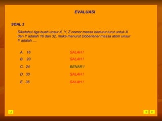 EVALUASI SOAL 2 A.  16 SALAH   ! C.  24 BENAR ! B.  20 SALAH   ! D.  30 SALAH   ! E.  36 SALAH   ! Diketahui tiga buah unsur X, Y, Z nomor massa berturut turut untuk X dan Y adalah 16 dan 32, maka menurut Doberiener massa atom unsur Y adalah .... 