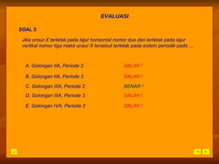 EVALUASI SOAL 5 A. Golongan IIA, Periode 2 SALAH   ! C. Golongan IIIA, Periode 2 BENAR ! B. Golongan IIA, Periode 3 SALAH   ! D. Golongan IIIA, Periode 3 SALAH   ! E. Golongan IVA, Periode 3 SALAH   ! Jika unsur X terletak pada lajur horisontal nomor dua dan terletak pada lajur vertikal nomor tiga maka unsur X tersebut terletak pada sistem periodik pada .... 