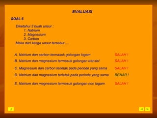 EVALUASI SOAL 6 A. Natrium dan carbon termasuk golongan logam SALAH   ! D. Natrium dan magnesium terletak pada periode yang sama BENAR ! B. Natrium dan magnesium termasuk golongan transisi SALAH   ! C. Magnesium dan carbon terletak pada periode yang sama SALAH   ! E. Natrium dan magnesium termasuk golongan non logam SALAH   ! Diketahui 3 buah unsur : 1. Natrium 2. Magnesium 3. Carbon Maka dari ketiga unsur tersebut .... 