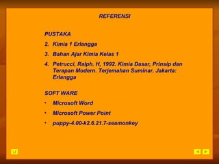 REFERENSI SOFT WARE Microsoft Word Microsoft Power Point   puppy-4.00-k2.6.21.7-seamonkey PUSTAKA Kimia 1 Erlangga Bahan Ajar Kimia Kelas 1  Petrucci, Ralph. H, 1992. Kimia Dasar, Prinsip dan Terapan Modern. Terjemahan Suminar. Jakarta: Erlangga 