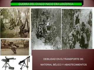 GUERRA DEL CHACO INICIO ERA LOGÍSTICA
GUERRA DEL CHACO INICIO ERA LOGÍSTICA
DEBILIDAD EN ELTRANSPORTE DE:
MATERIAL BÉLICO Y ABASTECIMIENTOS
 