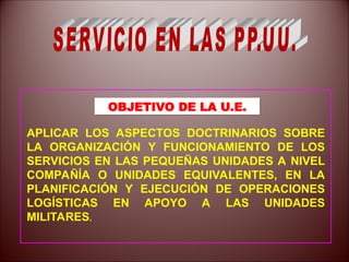 OBJETIVO DE LA U.E.
APLICAR LOS ASPECTOS DOCTRINARIOS SOBRE
LA ORGANIZACIÓN Y FUNCIONAMIENTO DE LOS
SERVICIOS EN LAS PEQUEÑAS UNIDADES A NIVEL
COMPAÑÍA O UNIDADES EQUIVALENTES, EN LA
PLANIFICACIÓN Y EJECUCIÓN DE OPERACIONES
LOGÍSTICAS EN APOYO A LAS UNIDADES
MILITARES.
 