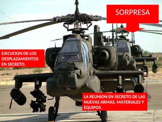 EJECUCION DE LOS
DESPLAZAMIENTOS
EN SECRETO.
LA REUNION EN SECRETO DE LAS
NUEVAS ARMAS, MATERIALES Y
EQUIPOS.
SORPRESA
 