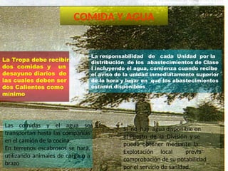 La Tropa debe recibir
dos comidas y un
desayuno diarios de
las cuales deben ser
dos Calientes como
mínimo
COMIDA Y AGUA
Las comidas y el agua se
transportan hasta las compañías
en el camión de la cocina.
En terrenos escabrosos se hará,
utilizando animales de carga o a
brazo
La responsabilidad de cada Unidad por la
distribución de los abastecimientos de Clase
I incluyendo el agua, comienza cuando recibe
el aviso de la unidad inmediatamente superior
de la hora y lugar en que los abastecimientos
estarán disponibles
Si no hay agua disponible en
el Puesto de la División y se
pueda obtener mediante la
Explotación local previa
comprobación de su potabilidad
por el servicio de sanidad.
 