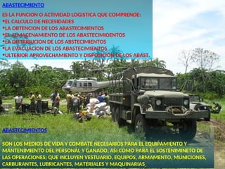 ABASTECIMIENTO
ES LA FUNCION O ACTIVIDAD LOGISTICA QUE COMPRENDE:
•EL CALCULO DE NECESIDADES
•LA OBTENCION DE LOS ABASTECIMIENTOS
•EL ALMACENAMIENTO DE LOS ABASTECIMIOENTOS
•LA DISTRIBUCION DE LOS ABSTECIMIENTOS
•LA EVACUACION DE LOS ABASTECIMIENTOS
•ULTERIOR APROVECHAMIENTO Y DISPOSICIÓN DE LOS ABAST.
ABASTECIMIENTOS
SON LOS MEDIOS DE VIDA Y COMBATE NECESARIOS PARA EL EQUIPAMIENTO Y
MANTENIMIENTO DEL PERSONAL Y GANADO, ASI COMO PARA EL SOSTENIMINETO DE
LAS OPERACIONES; QUE INCLUYEN VESTUARIO, EQUIPOS, ARMAMENTO, MUNICIONES,
CARBURANTES, LUBRICANTES, MATERIALES Y MAQUINARIAS
 