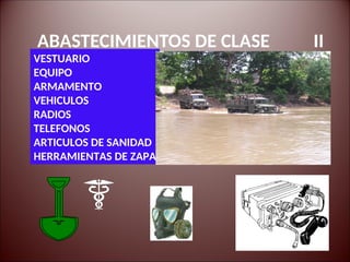 ABASTECIMIENTOS DE CLASE II
VESTUARIO
EQUIPO
ARMAMENTO
VEHICULOS
RADIOS
TELEFONOS
ARTICULOS DE SANIDAD
HERRAMIENTAS DE ZAPA
 