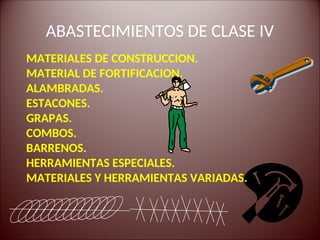 ABASTECIMIENTOS DE CLASE IV
MATERIALES DE CONSTRUCCION.
MATERIAL DE FORTIFICACION.
ALAMBRADAS.
ESTACONES.
GRAPAS.
COMBOS.
BARRENOS.
HERRAMIENTAS ESPECIALES.
MATERIALES Y HERRAMIENTAS VARIADAS.
 
