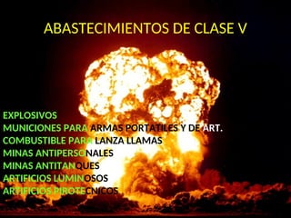 ABASTECIMIENTOS DE CLASE V
EXPLOSIVOS
MUNICIONES PARA ARMAS PORTATILES Y DE ART.
COMBUSTIBLE PARA LANZA LLAMAS
MINAS ANTIPERSONALES
MINAS ANTITANQUES
ARTIFICIOS LUMINOSOS
ARTIFICIOS PIROTECNICOS
 