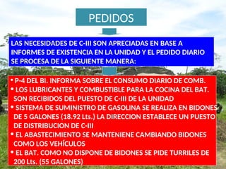 PEDIDOS
• P-4 DEL BI. INFORMA SOBRE EL CONSUMO DIARIO DE COMB.
• LOS LUBRICANTES Y COMBUSTIBLE PARA LA COCINA DEL BAT.
SON RECIBIDOS DEL PUESTO DE C-III DE LA UNIDAD
• SISTEMA DE SUMINISTRO DE GASOLINA SE REALIZA EN BIDONES
DE 5 GALONES (18.92 Lts.) LA DIRECCION ESTABLECE UN PUESTO
DE DISTRIBUCION DE C-III
• EL ABASTECIMIENTO SE MANTENIENE CAMBIANDO BIDONES
COMO LOS VEHÍCULOS
• EL BAT. COMO NO DISPONE DE BIDONES SE PIDE TURRILES DE
200 Lts. (55 GALONES)
LAS NECESIDADES DE C-III SON APRECIADAS EN BASE A
INFORMES DE EXISTENCIA EN LA UNIDAD Y EL PEDIDO DIARIO
SE PROCESA DE LA SIGUIENTE MANERA:
 