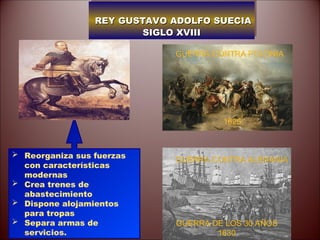 REY GUSTAVO ADOLFO SUECIA
REY GUSTAVO ADOLFO SUECIA
SIGLO XVIII
SIGLO XVIII
 Reorganiza sus fuerzas
con características
modernas
 Crea trenes de
abastecimiento
 Dispone alojamientos
para tropas
 Separa armas de
servicios.
GUERRA DE LOS 30 AÑOS
1630
GUERRA CONTRA ALEMANIA
GUERRA CONTRA POLONIA
1625
 