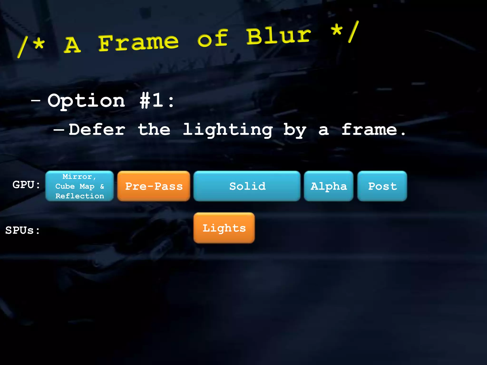Less sync points should be the goal of any multi-core code:/* Damage: Control */FlagVertex WorkVertex WorkVertex WorkVertex WorkOther Work(1)Other Work(2)Other Work(1)PPU Damage