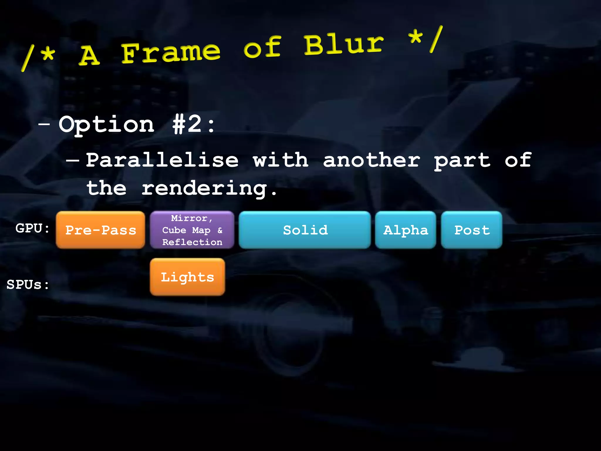 Less sync points should be the goal of any multi-core code:/* Damage: Control */FlagVertex WorkVertex WorkVertex WorkVertex WorkOther Work(1)Other Work(2)Other Work(1)PPU DamagePPU Damage