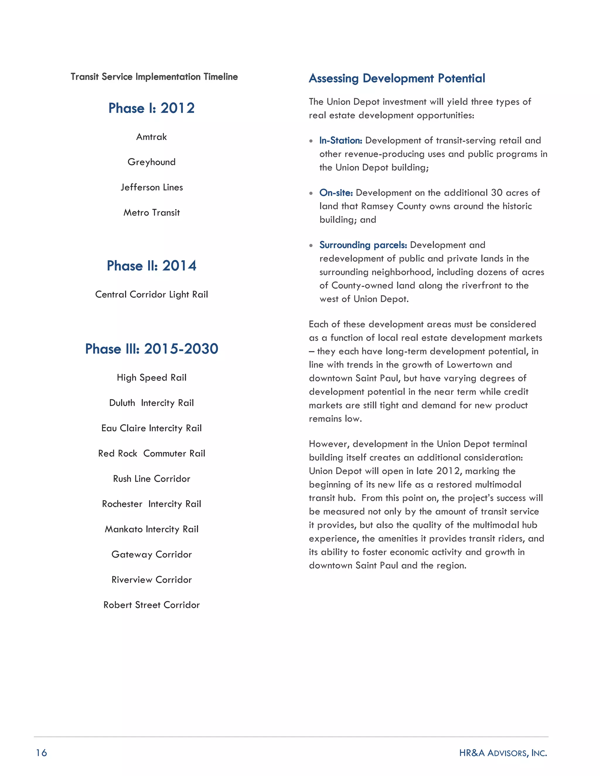 16 HR&A ADVISORS, INC.
Transit Service Implementation Timeline Assessing Development Potential
The Union Depot investment will yield three types of
real estate development opportunities:
 In-Station: Development of transit-serving retail and
other revenue-producing uses and public programs in
the Union Depot building;
 On-site: Development on the additional 30 acres of
land that Ramsey County owns around the historic
building; and
 Surrounding parcels: Development and
redevelopment of public and private lands in the
surrounding neighborhood, including dozens of acres
of County-owned land along the riverfront to the
west of Union Depot.
Each of these development areas must be considered
as a function of local real estate development markets
– they each have long-term development potential, in
line with trends in the growth of Lowertown and
downtown Saint Paul, but have varying degrees of
development potential in the near term while credit
markets are still tight and demand for new product
remains low.
However, development in the Union Depot terminal
building itself creates an additional consideration:
Union Depot will open in late 2012, marking the
beginning of its new life as a restored multimodal
transit hub. From this point on, the project’s success will
be measured not only by the amount of transit service
it provides, but also the quality of the multimodal hub
experience, the amenities it provides transit riders, and
its ability to foster economic activity and growth in
downtown Saint Paul and the region.
Phase I: 2012
Amtrak
Greyhound
Jefferson Lines
Metro Transit
Phase II: 2014
Central Corridor Light Rail
Phase III: 2015-2030
High Speed Rail
Duluth Intercity Rail
Eau Claire Intercity Rail
Red Rock Commuter Rail
Rush Line Corridor
Rochester Intercity Rail
Mankato Intercity Rail
Gateway Corridor
Riverview Corridor
Robert Street Corridor
 