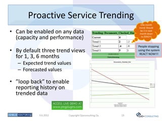 Proactive Service Trending
                                                           One month
                                                          trend: Should
• Can be enabled on any data                               be 2 in next
                                                          month down
  (capacity and performance)                                to ZERO!!!



                                                          People stopping
• By default three trend views                            using the system
                                                           REACT NOW!!!
  for 1, 3, 6 months
   – Expected trend values
   – Forecasted values

• ”loop back” to enable
  reporting history on
  trended data


            3.6.2012    Copyright Ojoconsulting Oy   19
 