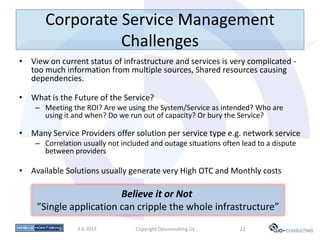 Corporate Service Management
                 Challenges
• View on current status of infrastructure and services is very complicated -
  too much information from multiple sources, Shared resources causing
  dependencies.

• What is the Future of the Service?
    – Meeting the ROI? Are we using the System/Service as intended? Who are
      using it and when? Do we run out of capacity? Or bury the Service?

• Many Service Providers offer solution per service type e.g. network service
    – Correlation usually not included and outage situations often lead to a dispute
      between providers

• Available Solutions usually generate very High OTC and Monthly costs

                        Believe it or Not
    ”Single application can cripple the whole infrastructure”
                3.6.2012          Copyright Ojoconsulting Oy      23
 