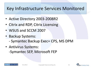 Key Infrastructure Services Monitored
• Active Directory 2003-2008R2
• Citrix and RDP, Citrix Licensing
• WSUS and SCCM 2007
• Backup Systems:
  - Symantec Backup Exec+ CPS, MS DPM
• Antivirus Systems:
  -Symantec SEP, Microsoft FEP


         3.6.2012   Copyright Ojoconsulting Oy   31
 