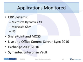 Applications Monitored
• ERP Systems:
    – Microsoft Dynamics AX
    – Microsoft CRM
    – IFS
•   SharePoint and MOSS
•   Live and Office Comms Server, Lync 2010
•   Exchange 2003-2010
•   Symantec Enterprise Vault
           3.6.2012   Copyright Ojoconsulting Oy   32
 
