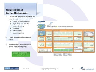 Template based
Service Dashboards
•   Dashboard Templates available per
    service area:
      •   SCCM 2007 R2 and WSUS
      •   Lync 2010, OCS and LCS
      •   Active Directory
      •   VMware
      •   Microsoft FEP
      •   And many more

•   Offers Insight View of Service
    status

•   Implemented within minutes
    based on our templates




                       3.6.2012         Copyright Ojoconsulting Oy   39
 