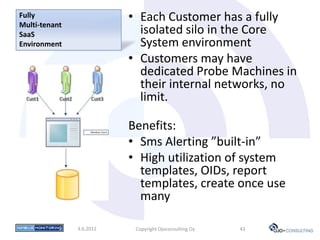 Fully
Multi-tenant
                          • Each Customer has a fully
SaaS                        isolated silo in the Core
Environment                 System environment
                          • Customers may have
                            dedicated Probe Machines in
                            their internal networks, no
                            limit.

                          Benefits:
                          • Sms Alerting ”built-in”
                          • High utilization of system
                            templates, OIDs, report
                            templates, create once use
                            many

               3.6.2012    Copyright Ojoconsulting Oy   43
 