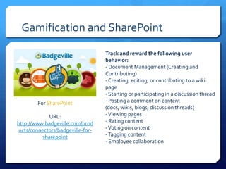 Gamification and SharePoint

                                   Track and reward the following user
                                   behavior:
                                   - Document Management (Creating and
                                   Contributing)
                                   - Creating, editing, or contributing to a wiki
                                   page
                                   - Starting or participating in a discussion thread
        For SharePoint             - Posting a comment on content
                                   (docs, wikis, blogs, discussion threads)
             URL:                  - Viewing pages
http://www.badgeville.com/prod     - Rating content
 ucts/connectors/badgeville-for-   - Voting on content
          sharepoint               - Tagging content
                                   - Employee collaboration
 